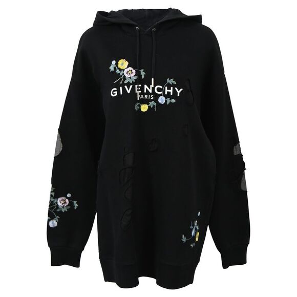 Givenchy Embroidered Floral Destroyed Logo Hoodie in Black Cotton - Picture 1 of 5